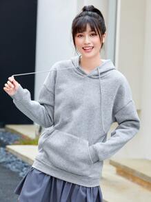 INAWLY 纯色袋鼠口袋保暖内衬连帽衫、长袖上衣