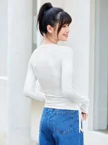 SHEIN EZwear Drawstring Ruched Solid Tee - White - View 2