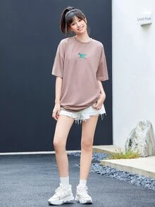 SHEIN Unity Letter & Butterfly Graphic Longline Tee - Apricot - View 3