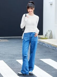 SHEIN EZwear Drawstring Ruched Solid Tee - White - View 3