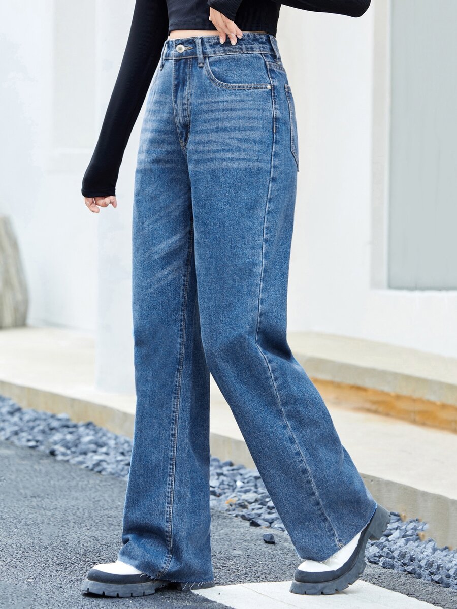 Zipper Fly Straight Leg Jeans - Medium Wash - View 1