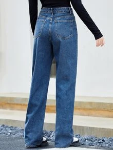 Zipper Fly Straight Leg Jeans - Medium Wash - View 2