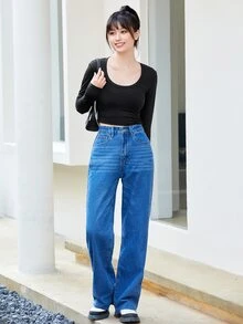 SHEIN Unity 素色大圓領短款T恤 - 黑色 - 查看 5