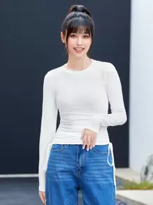 SHEIN EZwear Drawstring Ruched Solid Tee - White - View 5