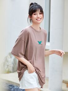 SHEIN Unity Letter & Butterfly Graphic Longline Tee - Apricot - View 4