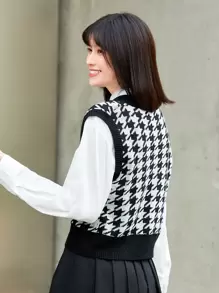 SHEIN Unity v領千鳥格圖案毛衣背心 - 黑與白 - 查看 2