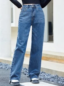 Zipper Fly Straight Leg Jeans - Medium Wash - View 5