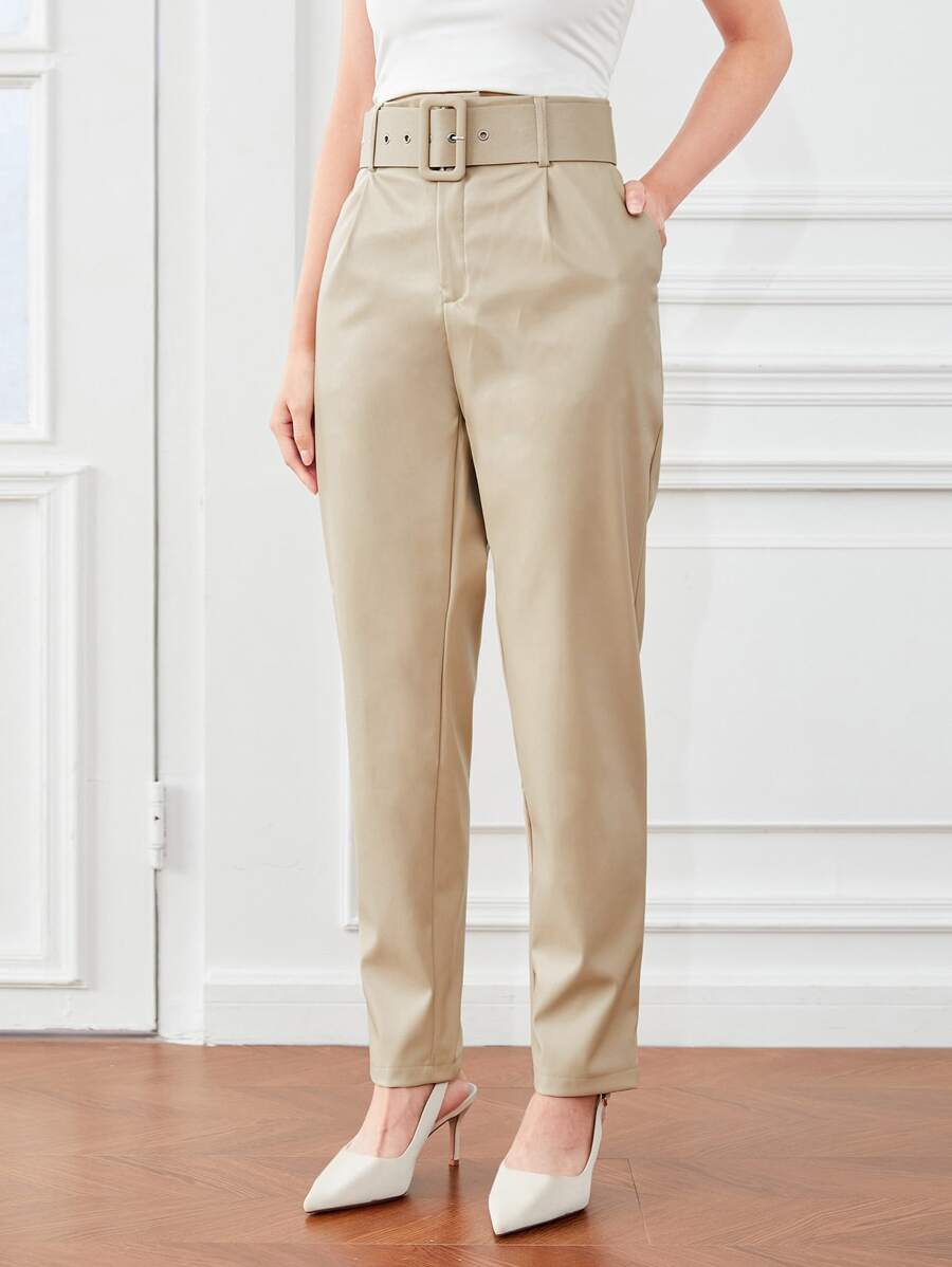 SHEIN Privé Solid Belted PU Leather Pants - Beige - View 1