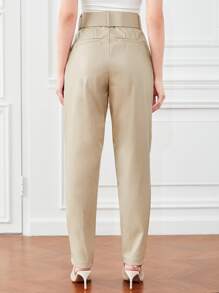 SHEIN Privé Solid Belted PU Leather Pants - Beige - View 2