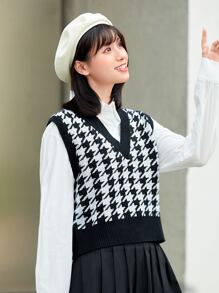 SHEIN Unity v領千鳥格圖案毛衣背心 - 黑與白 - 查看 3