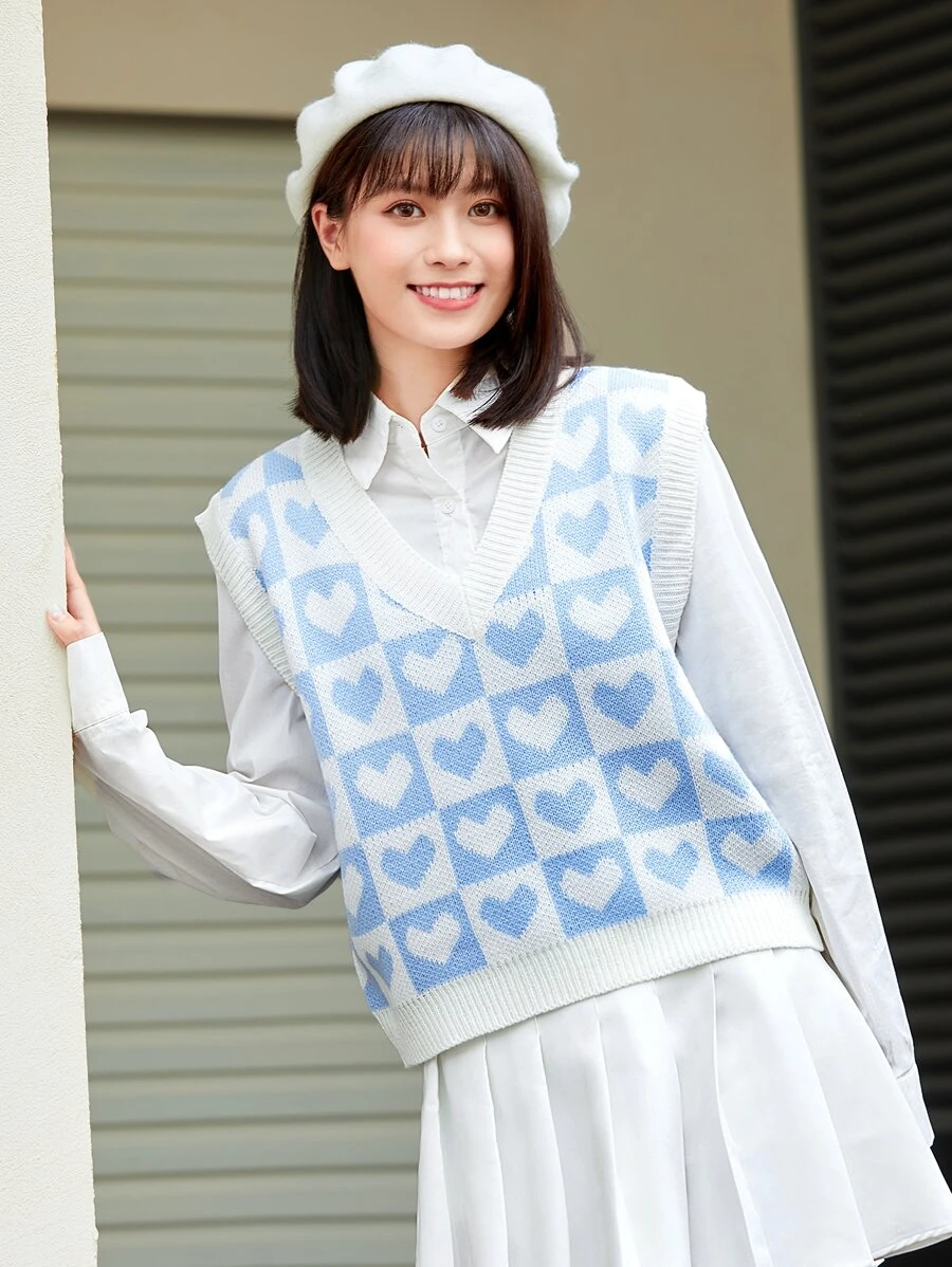 SHEIN Unity Heart & Checker Pattern Sweater Vest - Baby Blue - View 1