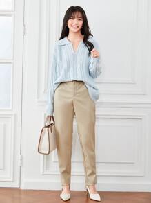 SHEIN Privé Solid Belted PU Leather Pants - Beige - View 4