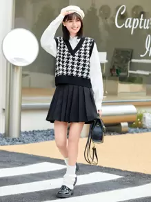 SHEIN Unity v領千鳥格圖案毛衣背心 - 黑與白 - 查看 4