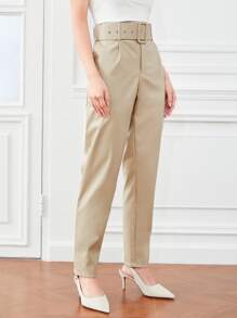 SHEIN Privé Solid Belted PU Leather Pants - Beige - View 5