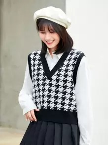 SHEIN Unity v領千鳥格圖案毛衣背心 - 黑與白 - 查看 5