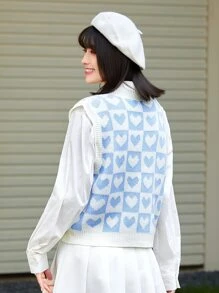 SHEIN Unity Heart & Checker Pattern Sweater Vest - Baby Blue - View 2
