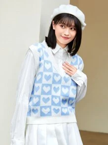 SHEIN Unity Heart & Checker Pattern Sweater Vest - Baby Blue - View 3