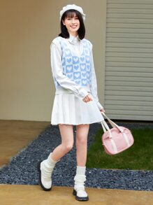 SHEIN Unity Heart & Checker Pattern Sweater Vest - Baby Blue - View 4