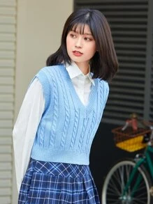 SHEIN Essnce 纜繩針織v領毛衣背心 - 淺藍色 - 查看 4