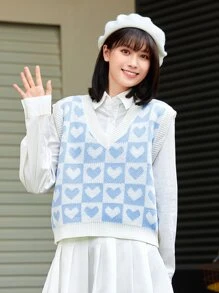 SHEIN Unity Heart & Checker Pattern Sweater Vest - Baby Blue - View 6