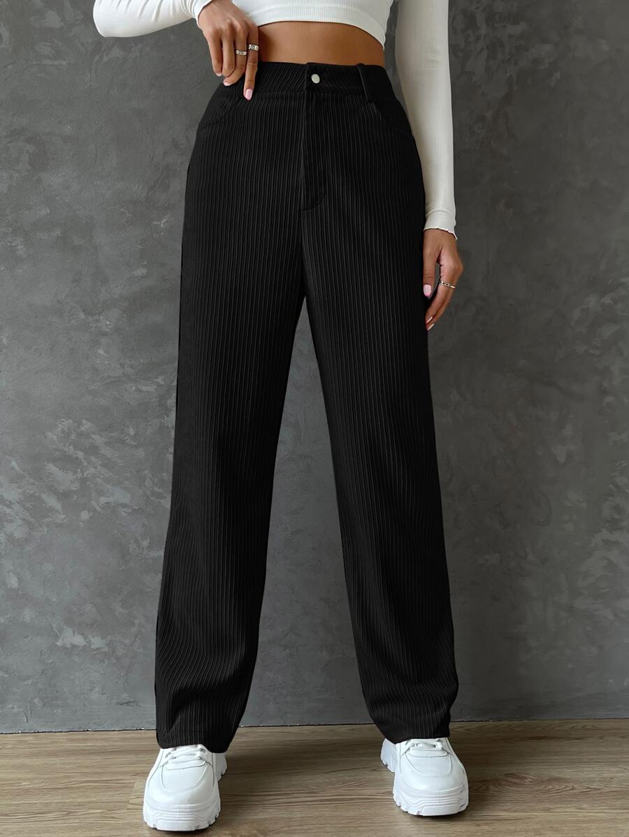 SHEIN EZwear Straight Leg Corduroy Pants - Black - View 1