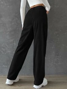 SHEIN EZwear Straight Leg Corduroy Pants - Black - View 2