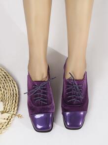 Square Toe Corduroy Lace-up Front Flat Oxfords - Purple - View 3