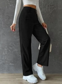 SHEIN EZwear Straight Leg Corduroy Pants - Black - View 4