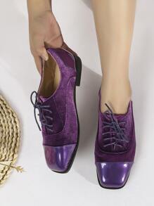 Square Toe Corduroy Lace-up Front Flat Oxfords - Purple - View 4