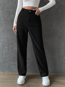 SHEIN EZwear Straight Leg Corduroy Pants - Black - View 5