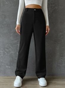 SHEIN EZwear Straight Leg Corduroy Pants - Black - View 6