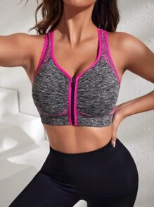 Easithlete Zip Up Contrast Binding Racer Back Sports Bra - Hot Pink - View 5