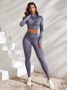 Easithlete 2pcs Fitness Yoga Set Sports Suit Half Zip Top Tummy Control Leggings - Dusty Purple - View 4