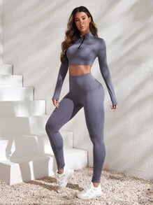 Easithlete 2pcs Fitness Yoga Set Sports Suit Half Zip Top Tummy Control Leggings - Dusty Purple - View 5