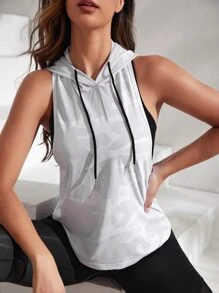 Yoga Basic Camo Print Backless Hooded Sports Tank Top - White - View 3