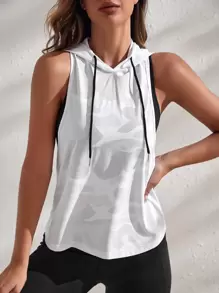 Yoga Basic Camo Print Backless Hooded Sports Tank Top - White - View 5