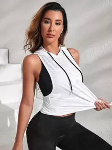 Yoga Basic Camo Print Backless Hooded Sports Tank Top - White - View 6