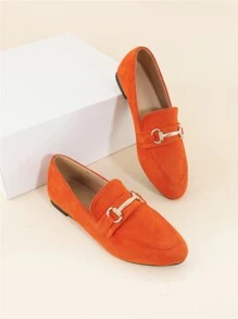 Fall/Winter Women's Orange Forward-Looking Plain Loafers With Metallic Detailing, Faux Suede Upper And Flat Heels - Orange - View 2