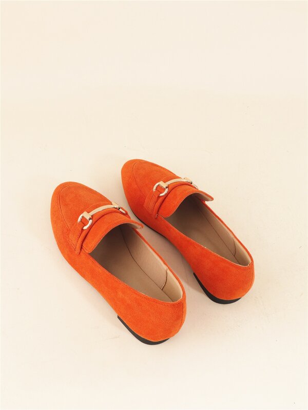 Fall/Winter Women's Orange Forward-Looking Plain Loafers With Metallic Detailing, Faux Suede Upper And Flat Heels