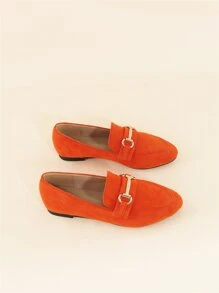 Fall/Winter Women's Orange Forward-Looking Plain Loafers With Metallic Detailing, Faux Suede Upper And Flat Heels - Orange - View 4