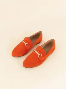 Fall/Winter Women's Orange Forward-Looking Plain Loafers With Metallic Detailing, Faux Suede Upper And Flat Heels - Orange - View 5