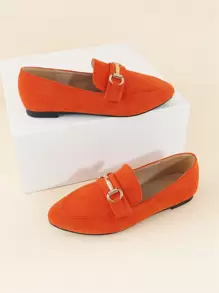 Fall/Winter Women's Orange Forward-Looking Plain Loafers With Metallic Detailing, Faux Suede Upper And Flat Heels - Orange - View 6