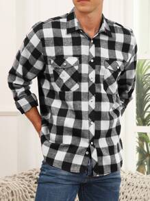 Áo sơ mi Nam Túi Nút phía trước Kẻ sọc Sẵn sàng - Đen và trắng - Xem 3