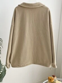 DAZY Áo chui đầu lông cừu vai trễ, viền rút chi tiết vá, quần áo mùa thu cho nữ - Màu Khaki - Xem 2