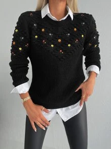 EURMUSE Embroidery Detail Round Neck Jumper Without Blouse - Black - View 1