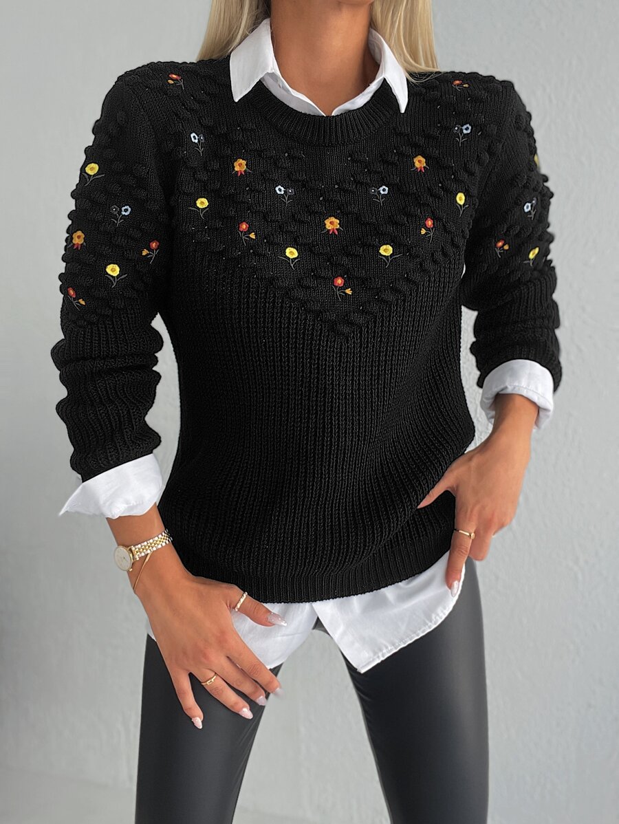 EURMUSE Embroidery Detail Round Neck Jumper Without Blouse - Black - View 1