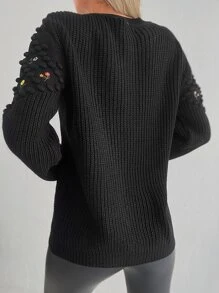 EURMUSE Embroidery Detail Round Neck Jumper Without Blouse - Black - View 2