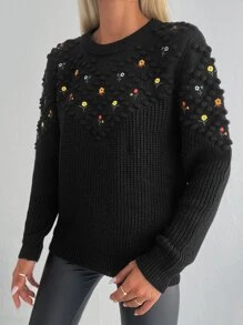 EURMUSE Embroidery Detail Round Neck Jumper Without Blouse - Black - View 3