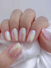 VV MEI JIA ER Transform Your Nails with 24pcs Long Square Light Pink Aurora Magic Mirror Powder Mermaid Plain Fake Nail & 1sheet Tape & 1pc Nail File