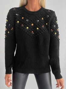 EURMUSE Embroidery Detail Round Neck Jumper Without Blouse - Black - View 4